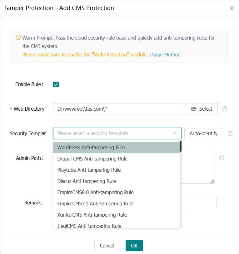 Adding CMS tamper protection rules
